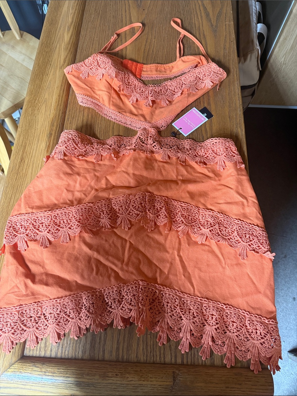 PrettyLittleThing Bright Orange Lace Two-Piece